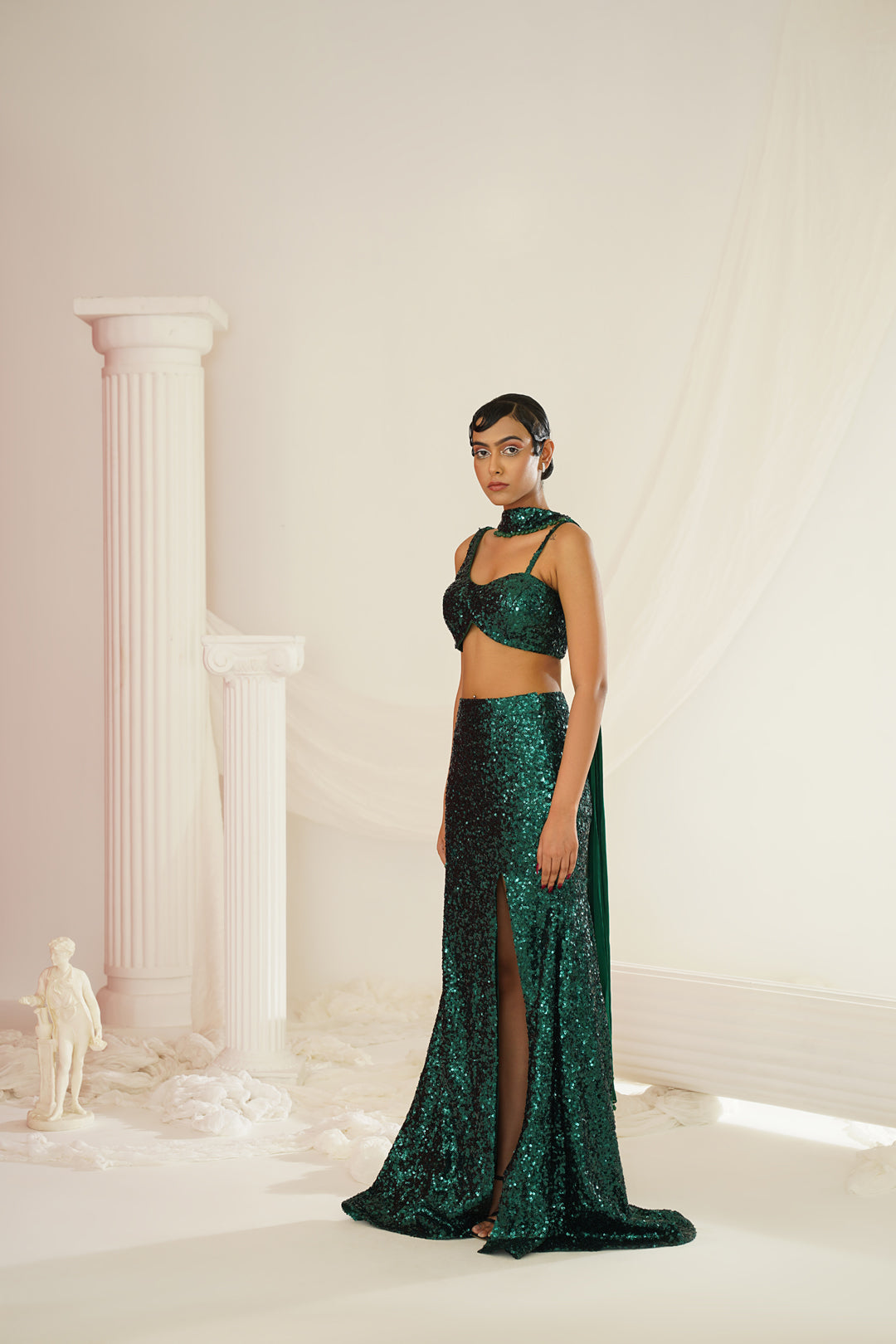 Bottle green embellished choli, skirt and chokar dupatta set