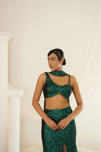 Bottle green embellished choli, skirt and chokar dupatta set