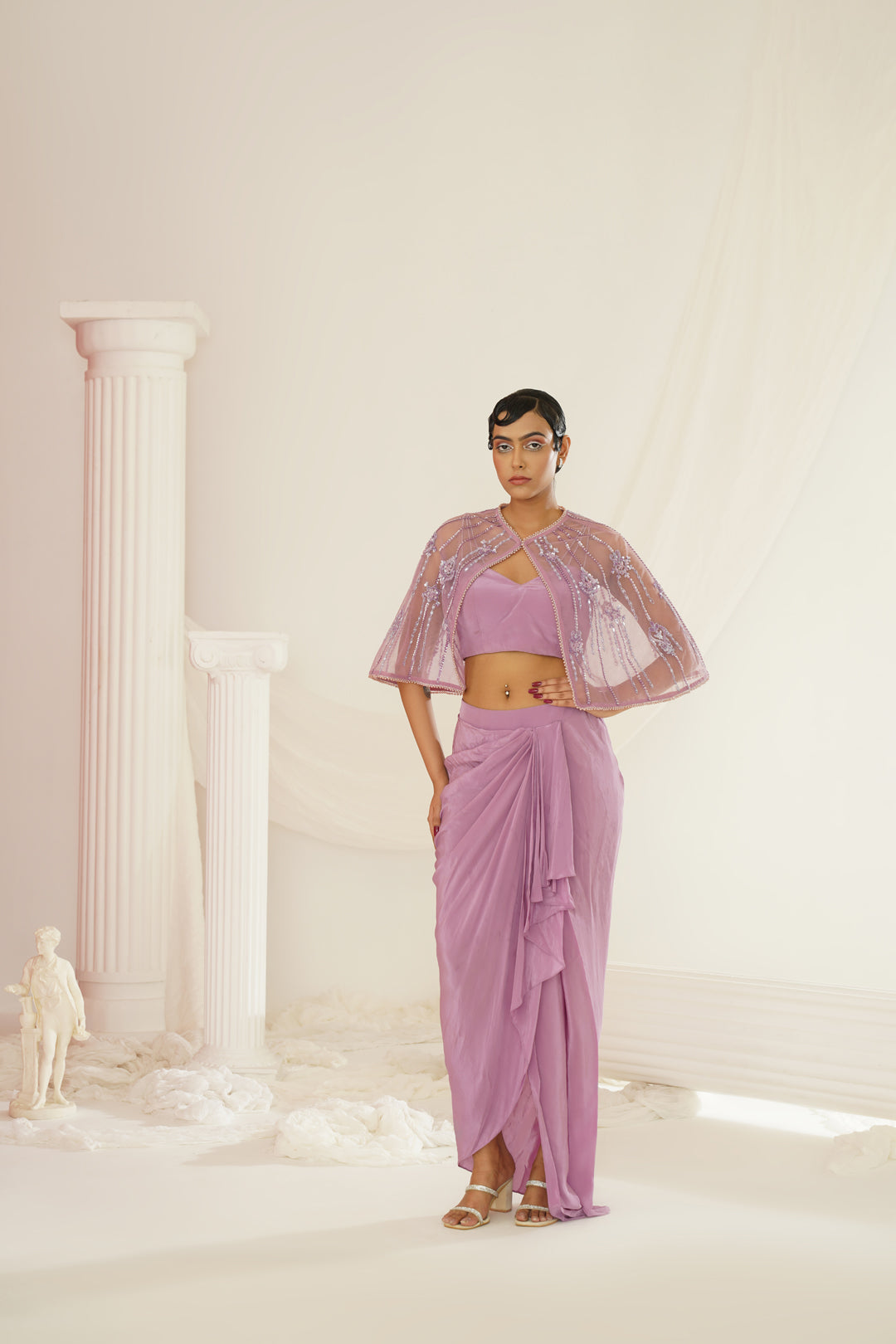 Lavender blouse with drape dhoti and  embroidered cape set