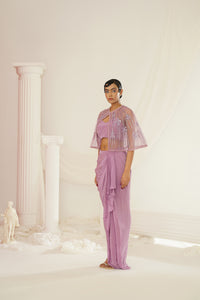 Lavender blouse with drape dhoti and  embroidered cape set