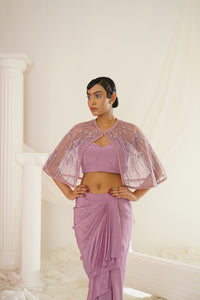 Lavender blouse with drape dhoti and  embroidered cape set