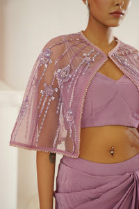 Lavender blouse with drape dhoti and  embroidered cape set