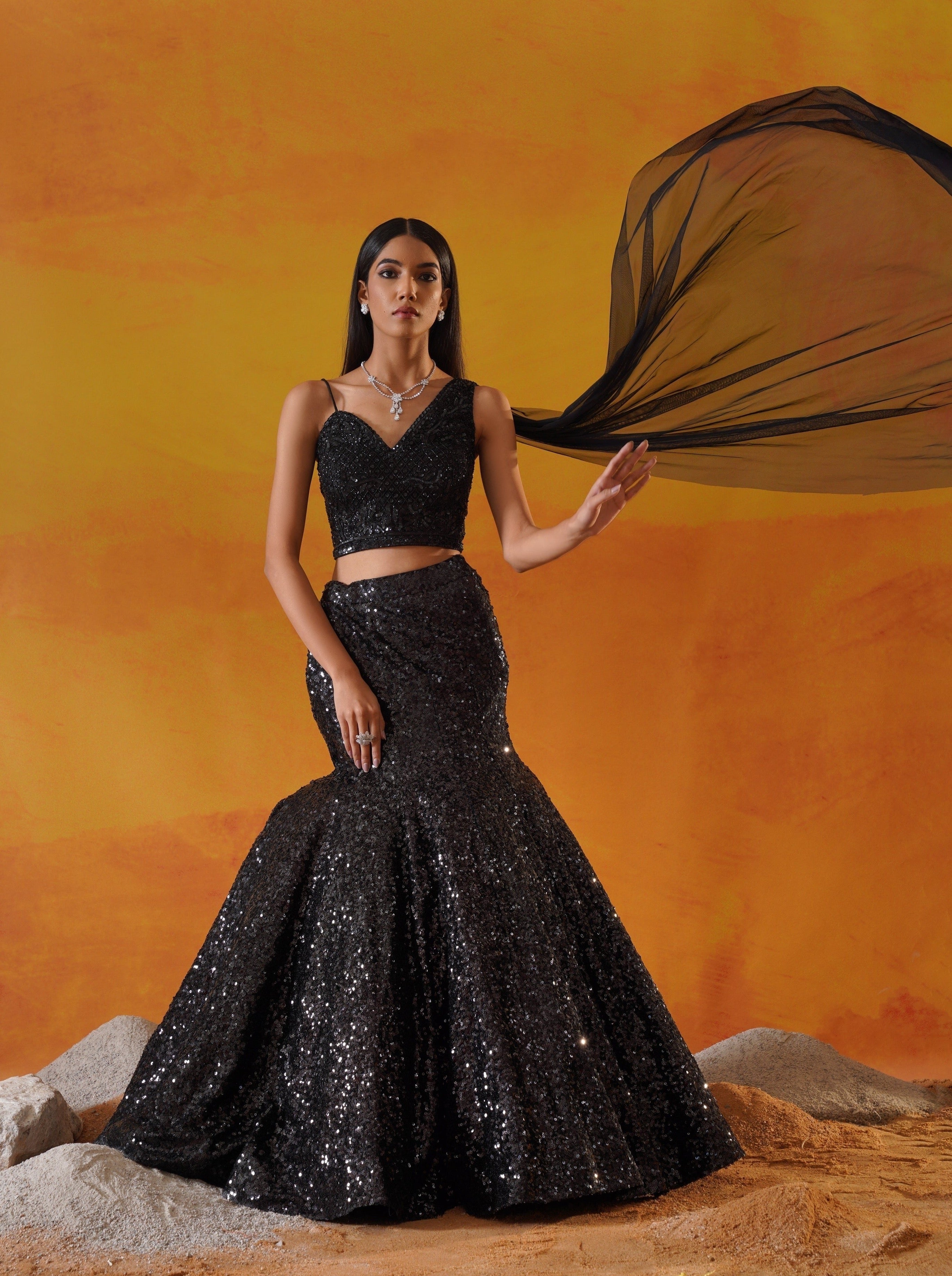Black Mermaid Lehenga Choli Set Kapda Dori Black Mermaid Lehenga Choli Set Kapda Dori