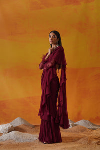 Maroon Drape Saree Set