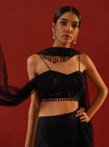 Black net lace lehenga choli set