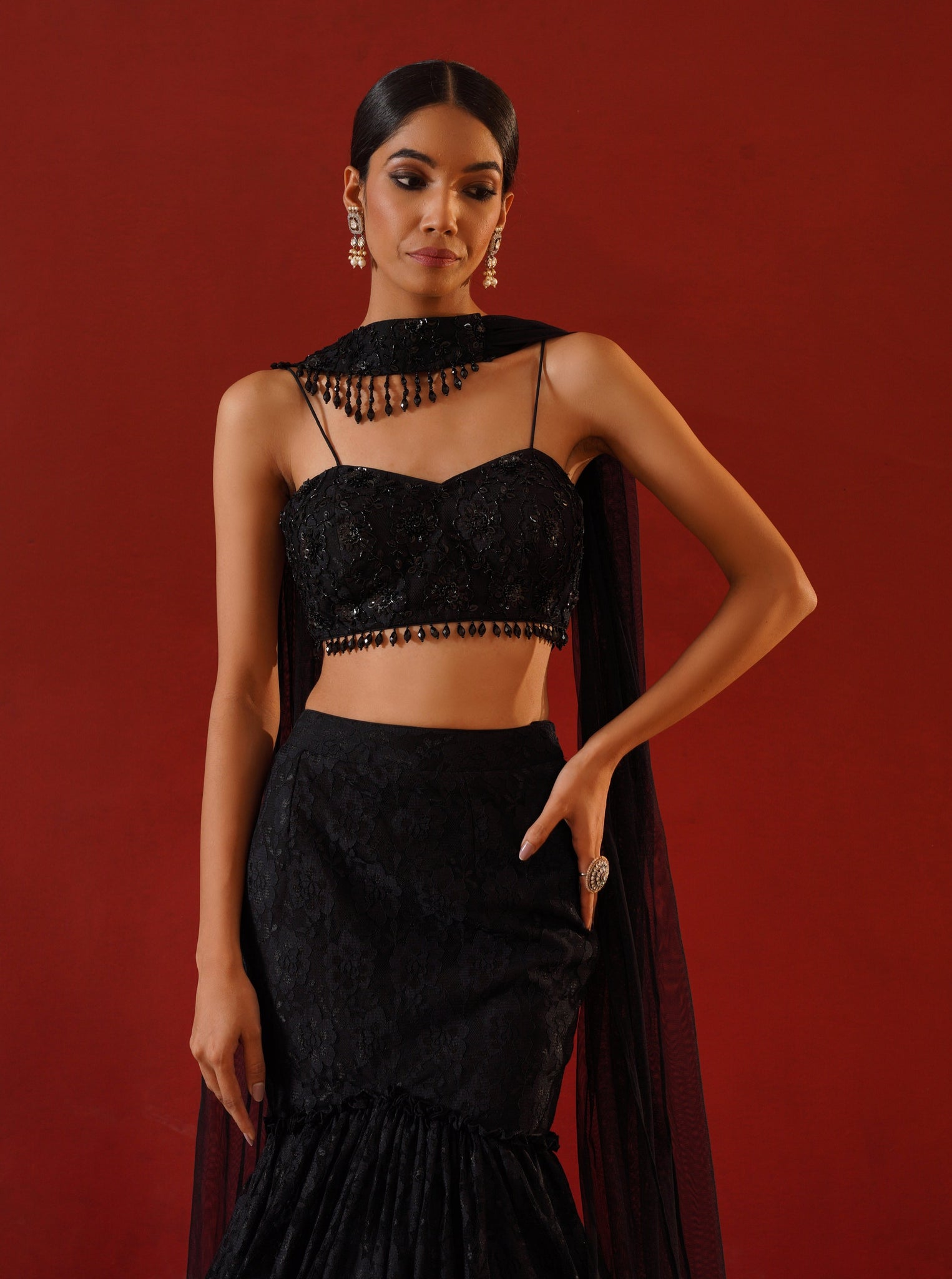 Black net lace lehenga choli set