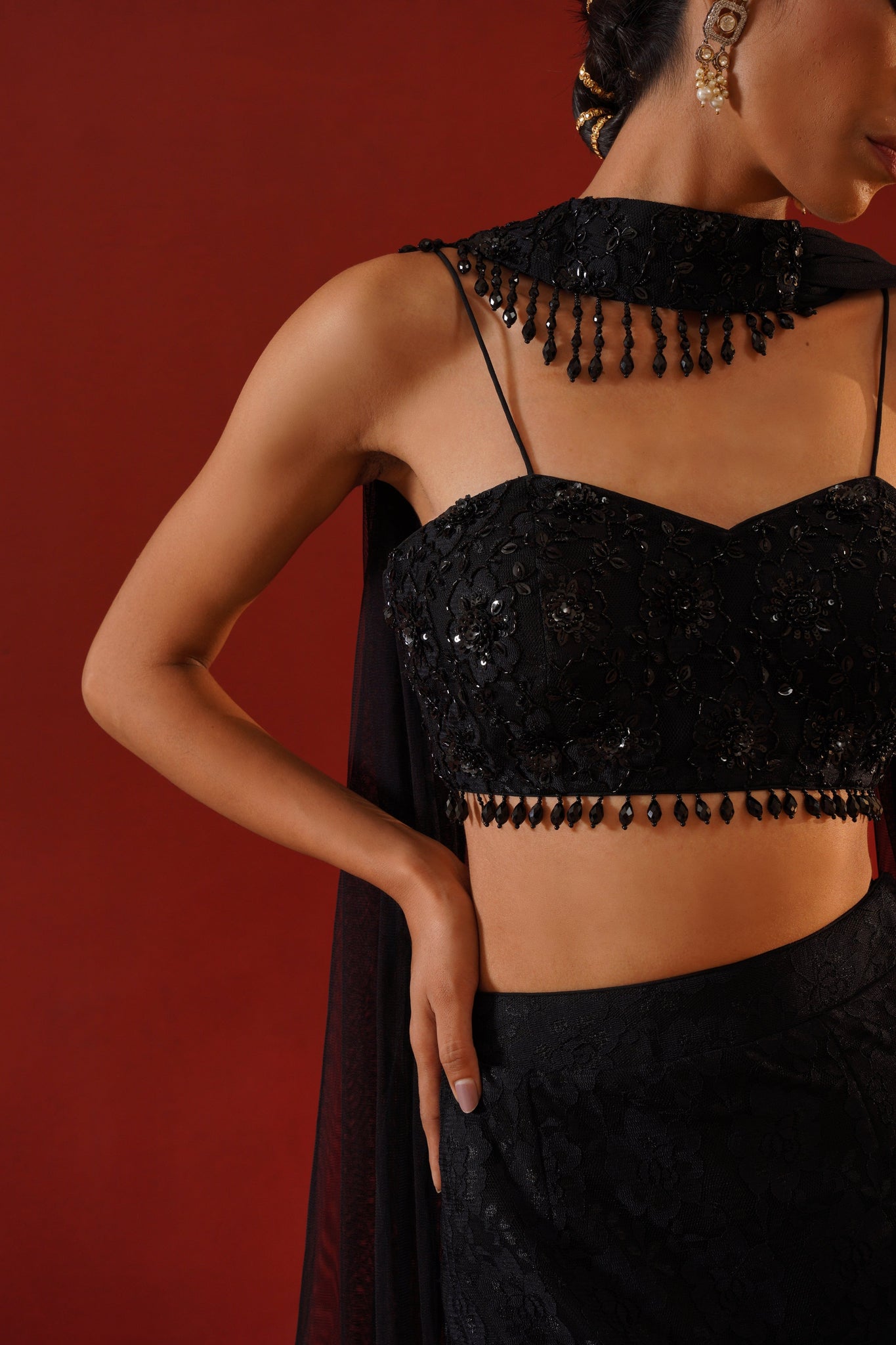 Black net lace lehenga choli set