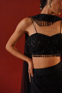 Black net lace lehenga choli set