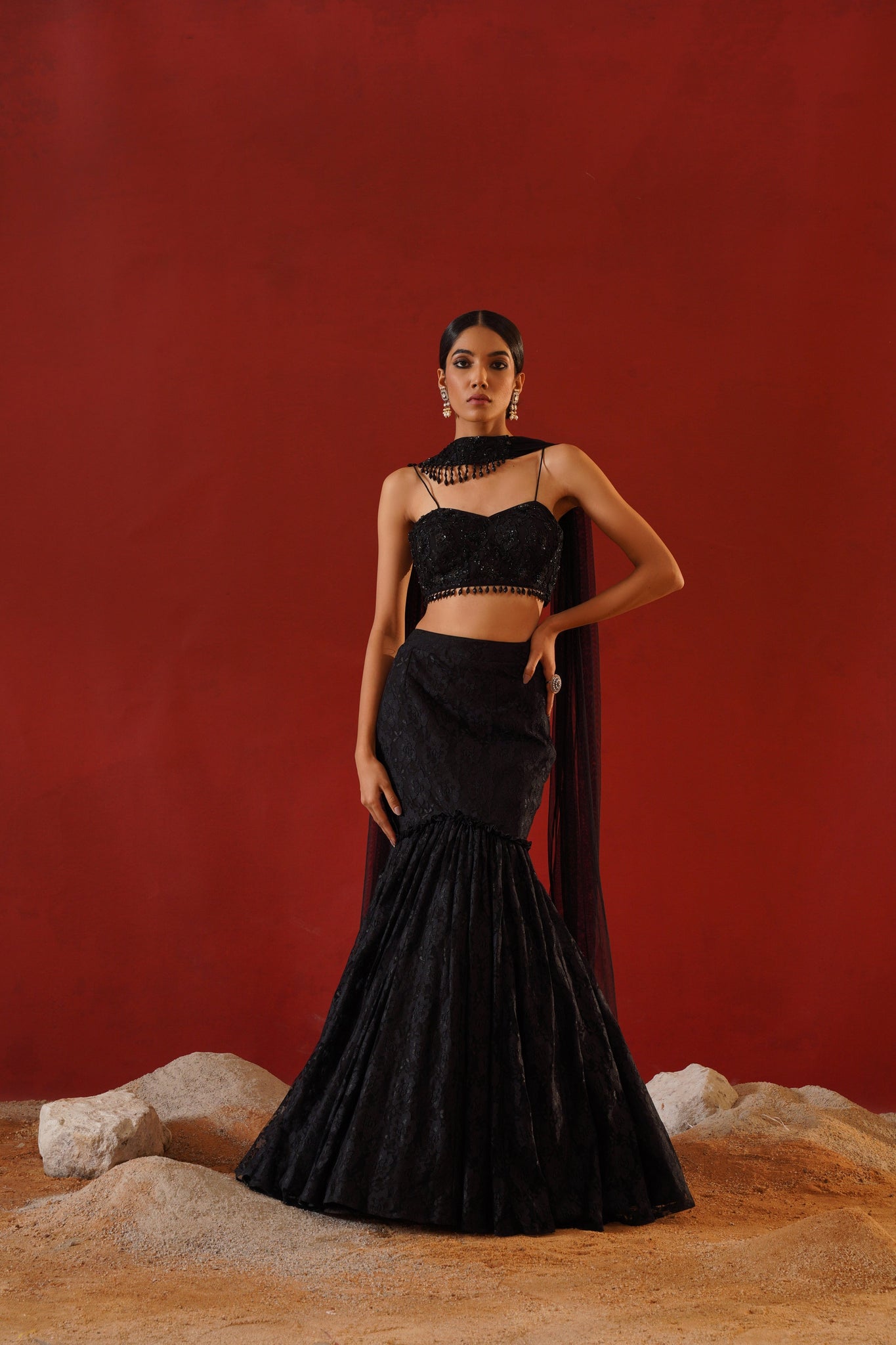 Black net lace lehenga choli set – Kapda Dori - Main Image