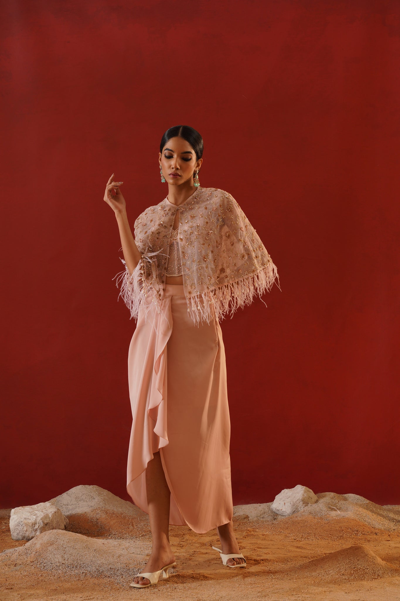 Blush Pink Satin Dhoti corset blouse cape set