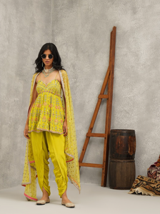 Lime green embroidered peplum, dhoti and dupatta set