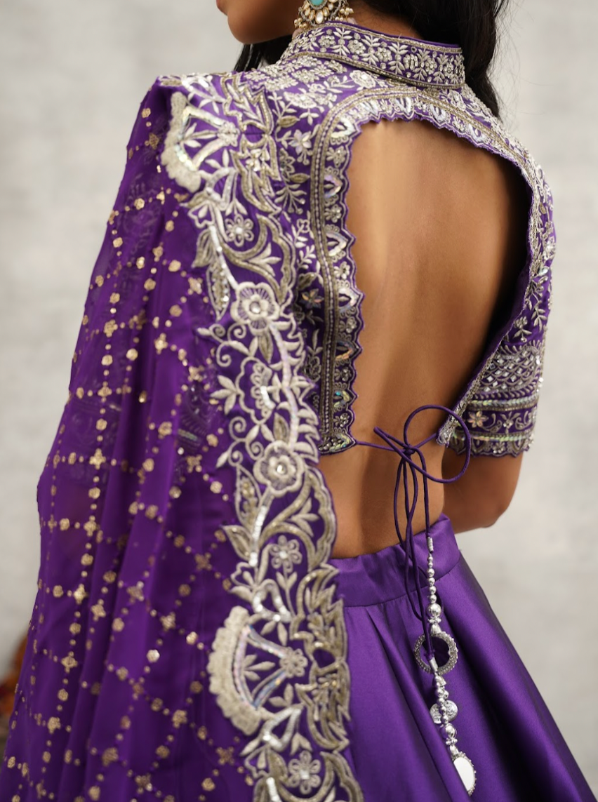 Purple embroidered blouse, lehenga and dupatta set