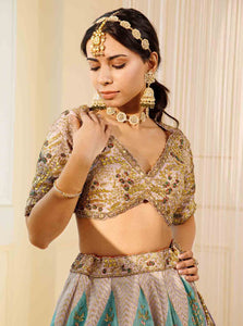 Light Grey Multi Colour Brocade Lehenga Set