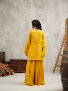 Mustard Banarsi Jacket Crop Top and Sharara Set