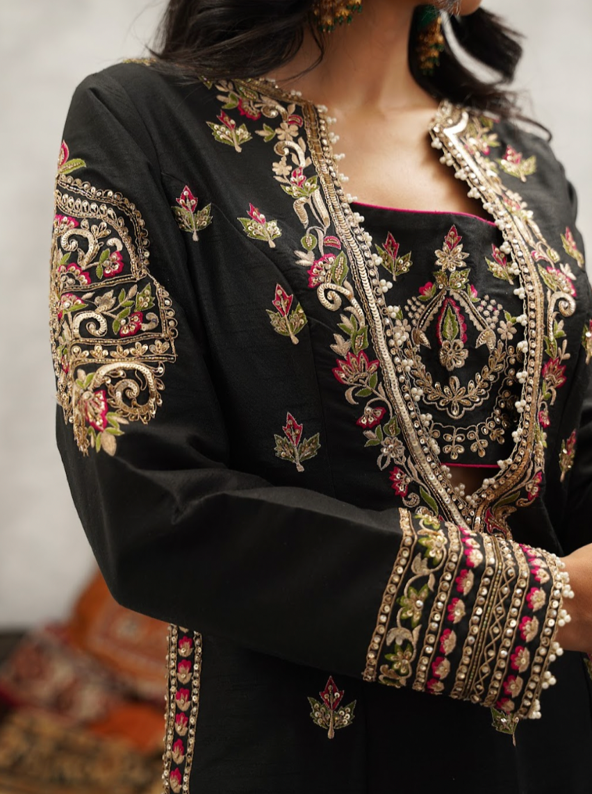 Black embroidered bustier, kurti, pant and dupatta set