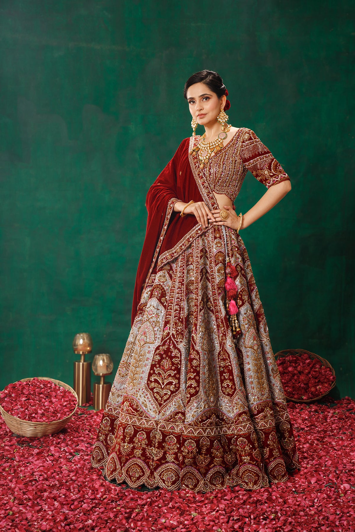 Grey and maroon bridal lehenga hotsell