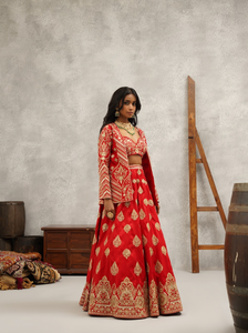 Red Embroidered Jacket Crop Top and Lehenga Set