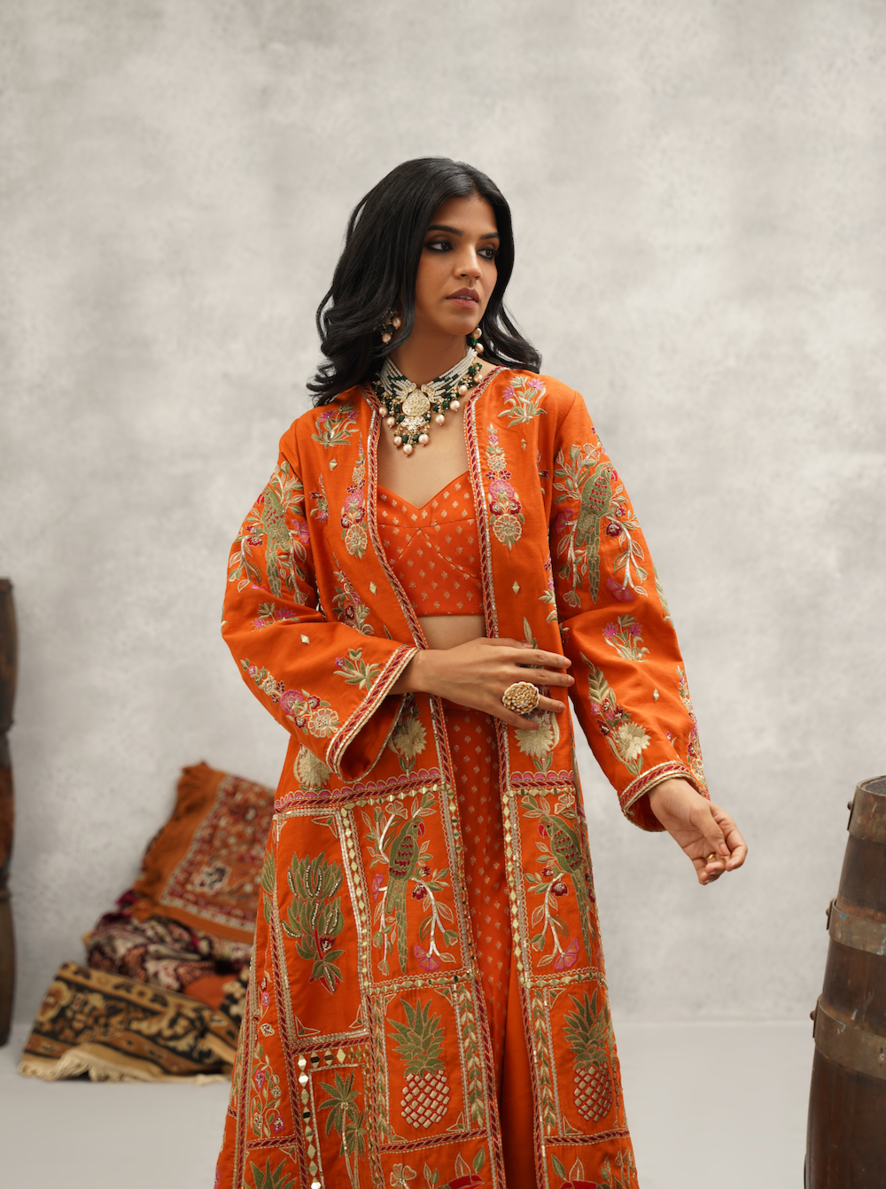 Orange Embroidered Jacket Crop Top and Sharara