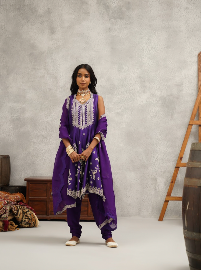 Purple Embroidered Anarkali Set