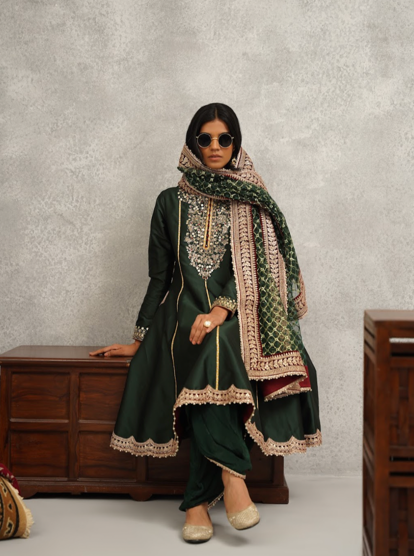 Bottle Green Anarkali and Dhoti Set