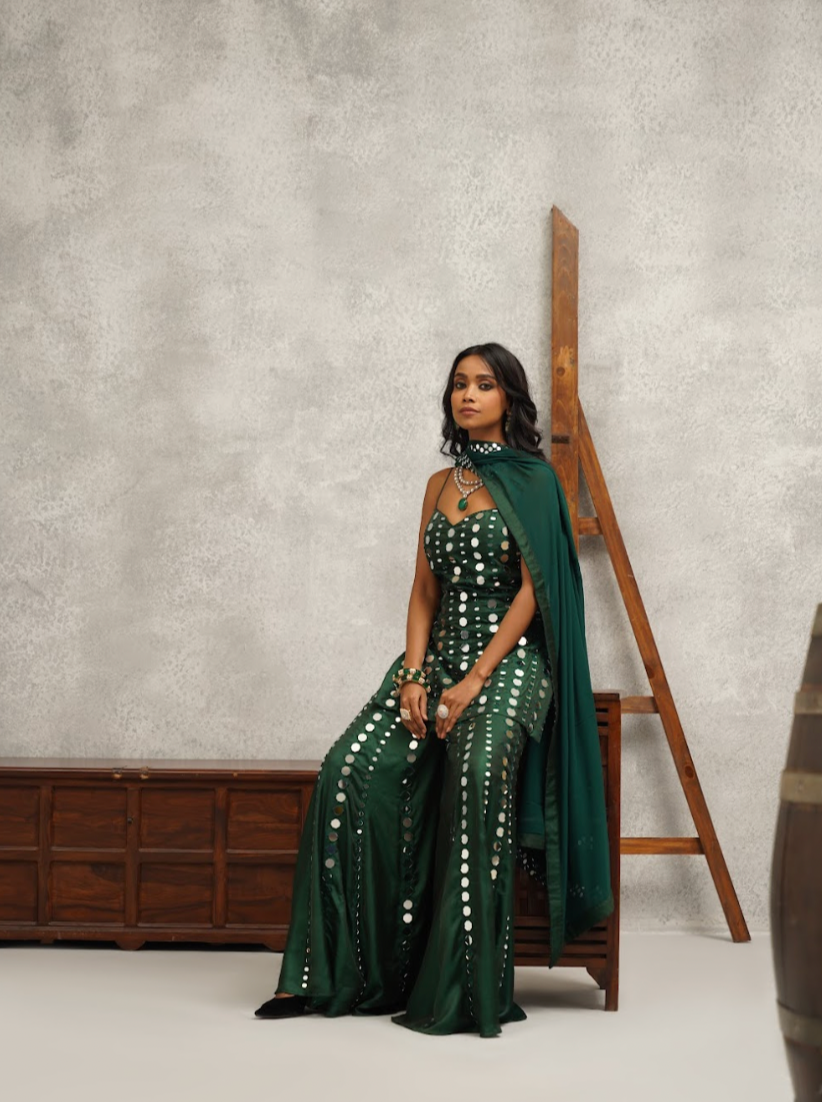 Green Mirror Sharara Set