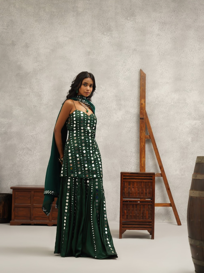 Green Mirror Sharara Set