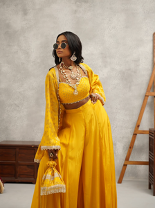 Mustard Banarsi Jacket Crop Top and Sharara Set