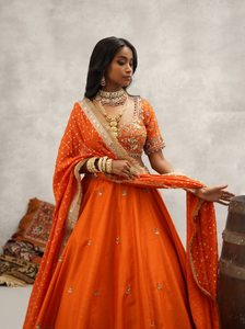 Rust orange embroidered blouse, lehenga and dupatta set