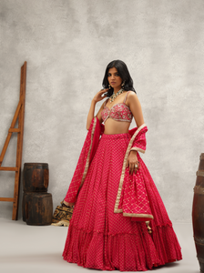 Fuchsia embroidered blouse, lehenga and dupatta set