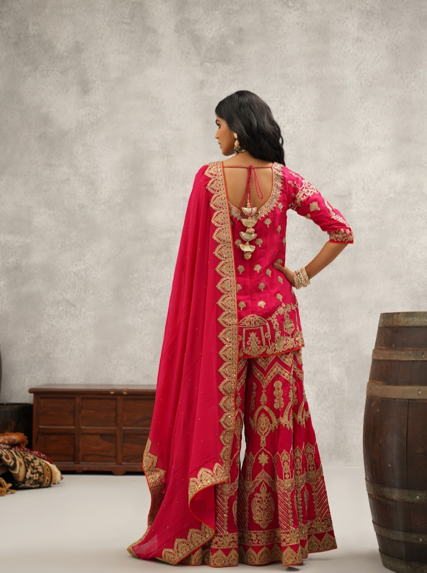 Fuschia Embroidered Kurti Sharara and Dupatta