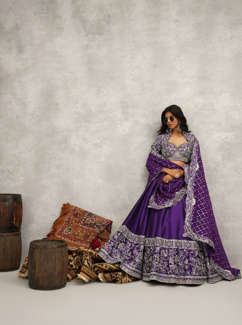 Purple Silk embroidered blouse, lehenga and dupatta set