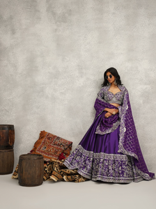 Purple embroidered blouse, lehenga and dupatta set