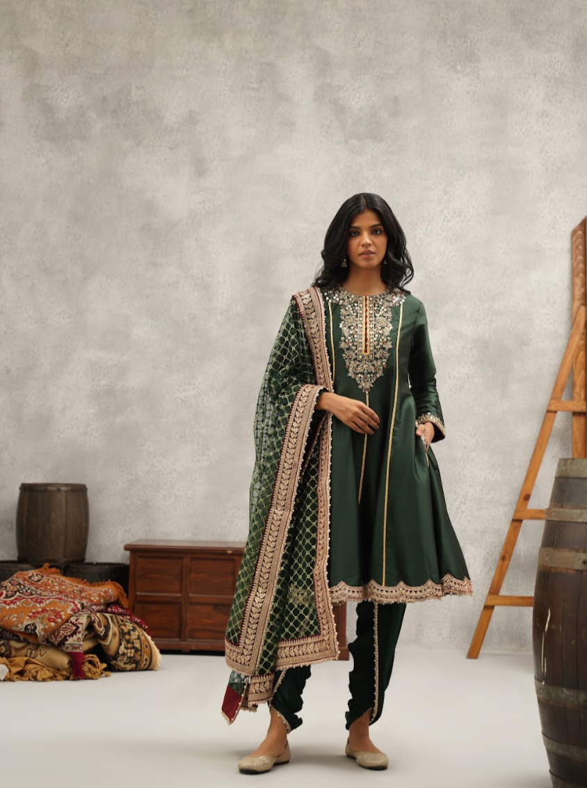 Bottle Green Anarkali and Dhoti Set