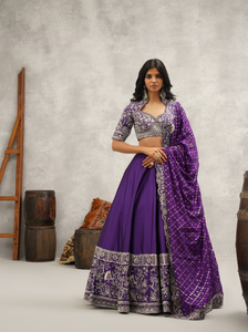 Purple embroidered blouse, lehenga and dupatta set