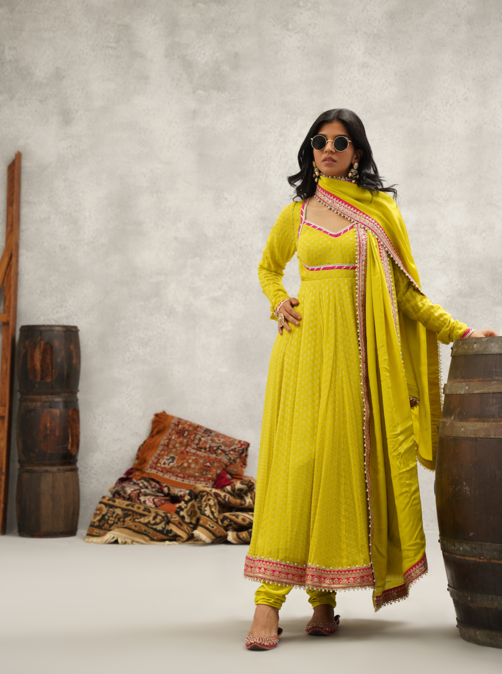 Lime Green Banarsi Georgette Anarkali Set