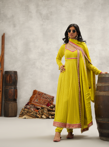 Lime Green Banarsi Georgette Anarkali Set