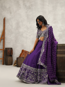 Purple embroidered blouse, lehenga and dupatta set