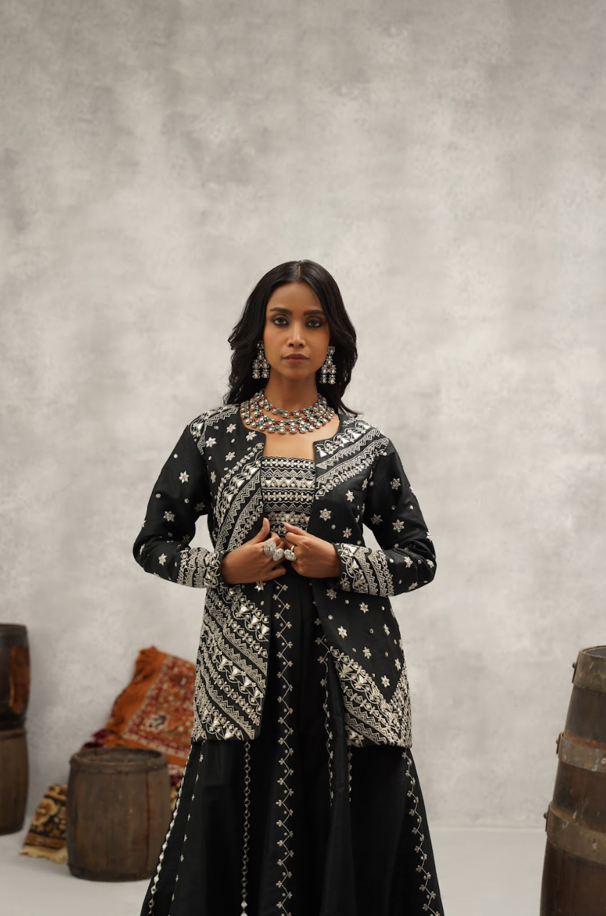 Black Embroidered Jacket, Crop Top and Sharara