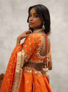 Orange embroidered blouse, lehenga and dupatta set