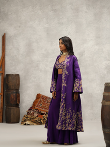 Purple embroidered jacket, crop top and sharara set