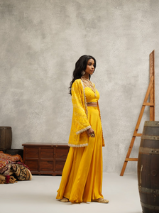 Mustard Banarsi Jacket Crop Top and Sharara Set