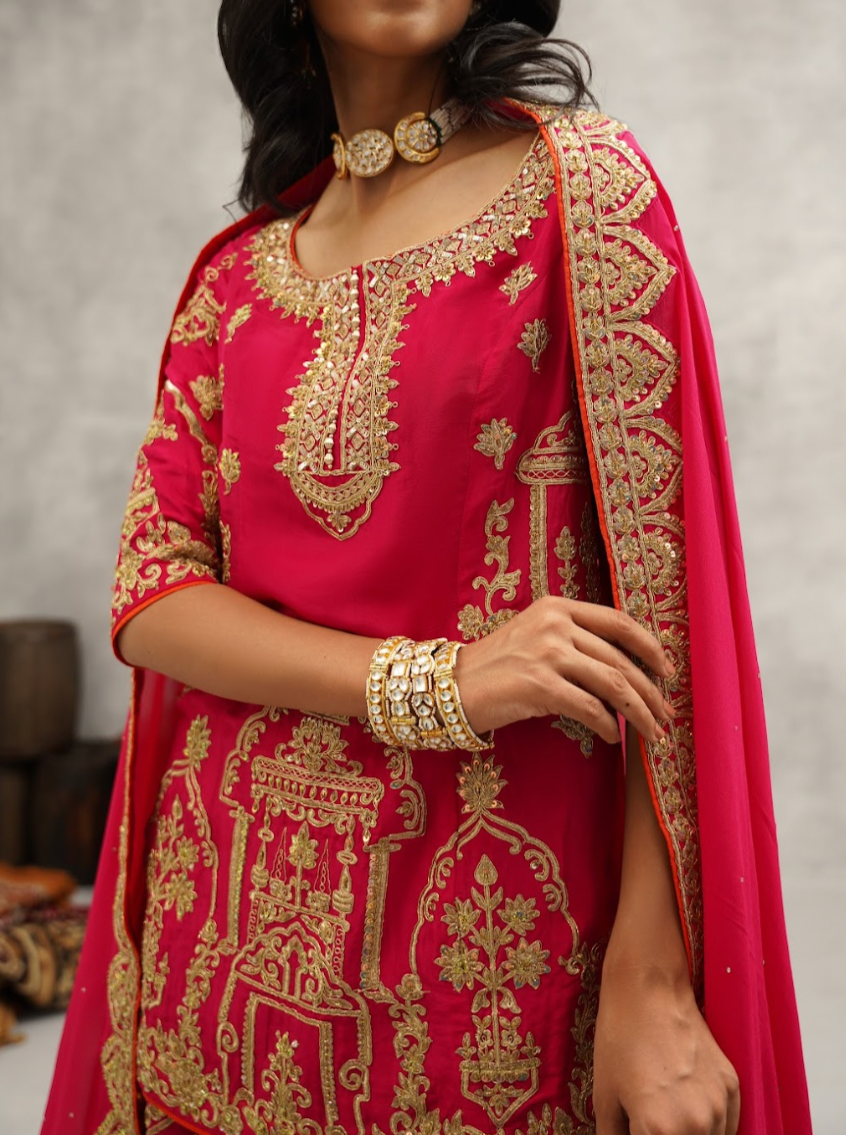 Fuschia Embroidered Kurti Sharara and Dupatta