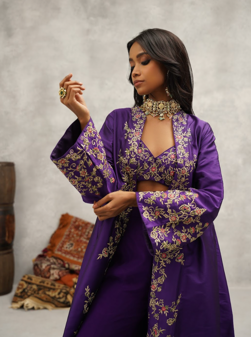 Purple embroidered jacket, crop top and sharara set