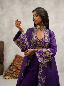 Purple embroidered jacket, crop top and sharara set