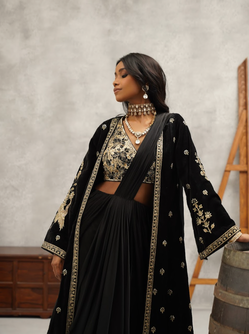 Black Embroidered Jacket Saree