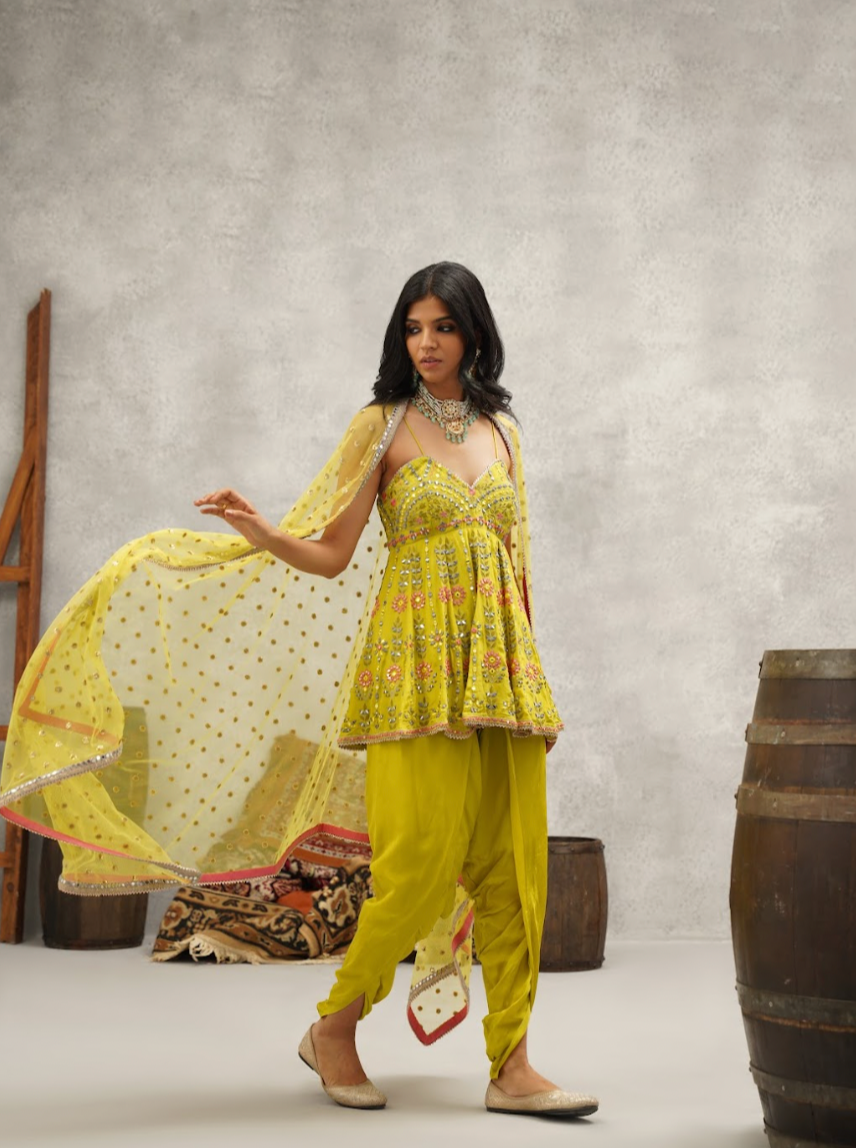 Lime green embroidered peplum, dhoti and dupatta set