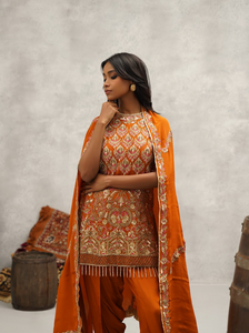 Rust orange embroidered kurti, dhoti and dupatta set