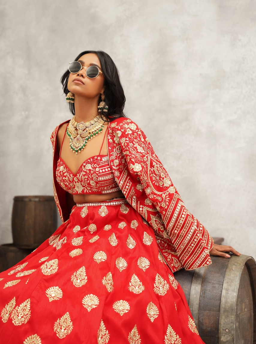 Red Embroidered Jacket Crop Top and Lehenga Set