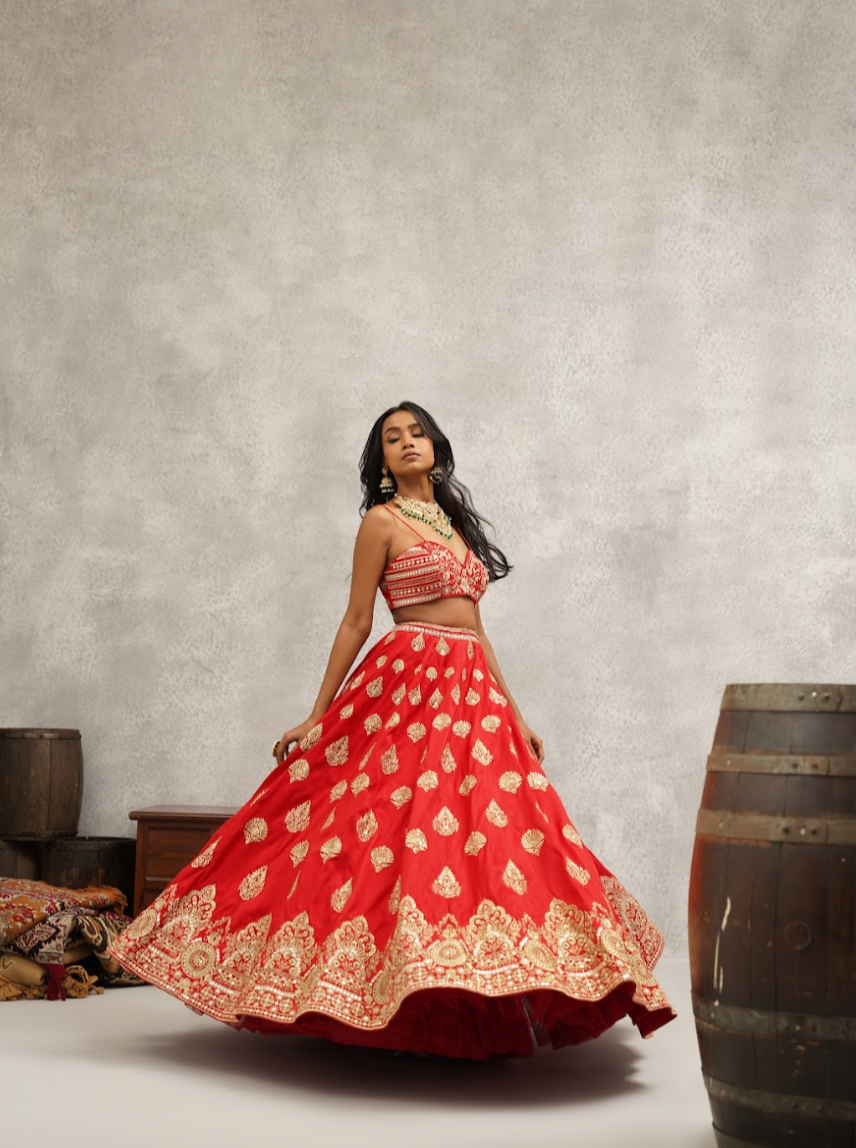 Red Embroidered Jacket Crop Top and Lehenga Set