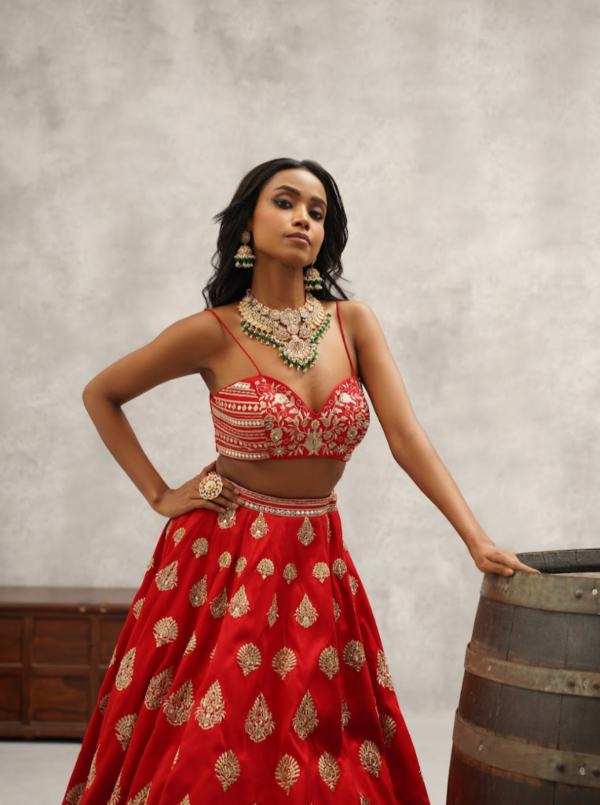 Red Embroidered Jacket Crop Top and Lehenga Set